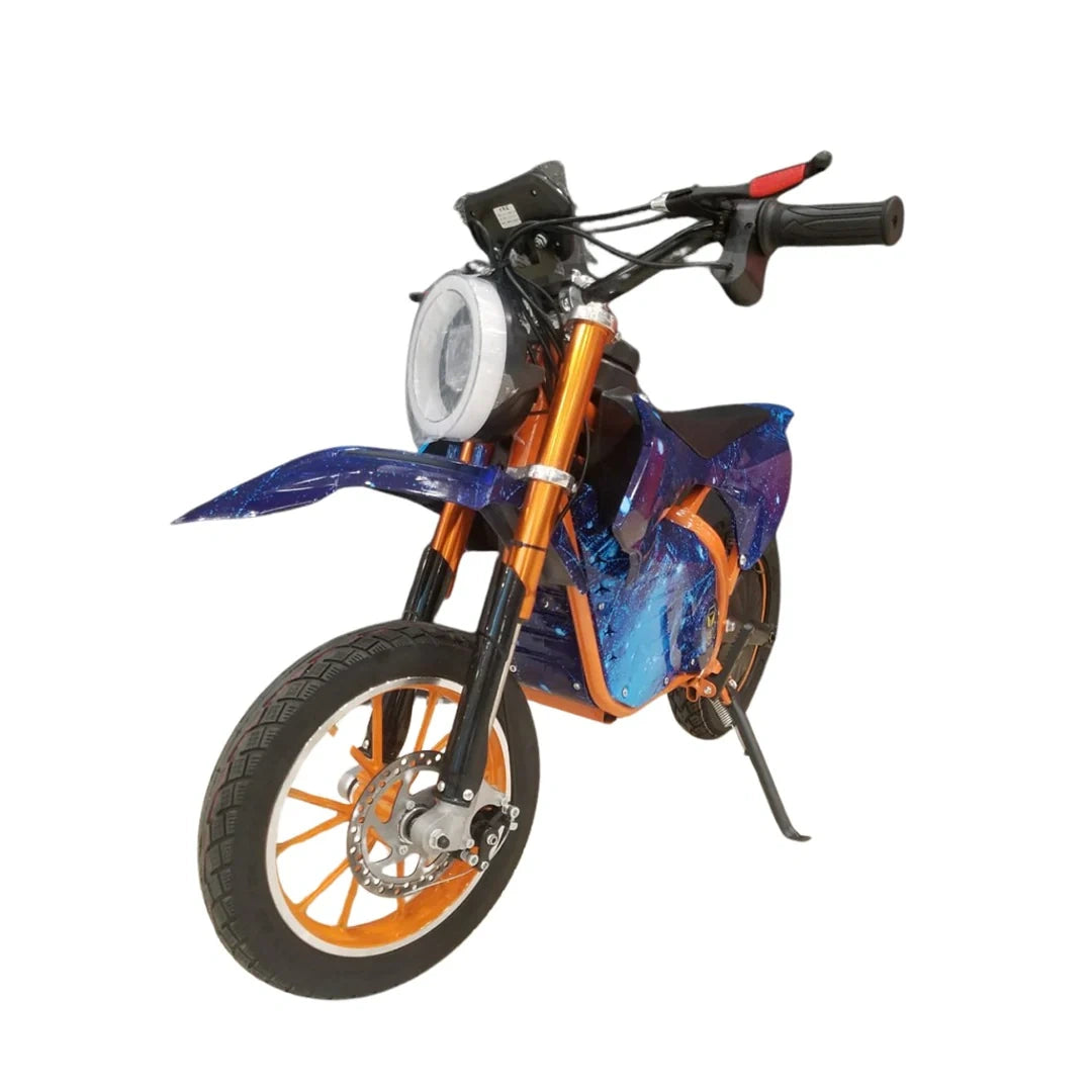 Model dirt bike with blue and orange design on a white background