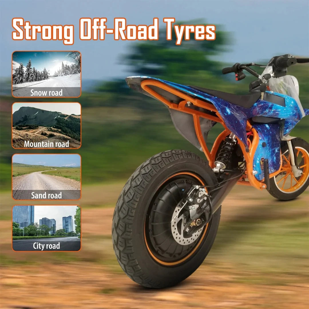 Motorcycle with off-road tyres on a road with text 'Strong Off-Road Tyres' and images of different terrains.