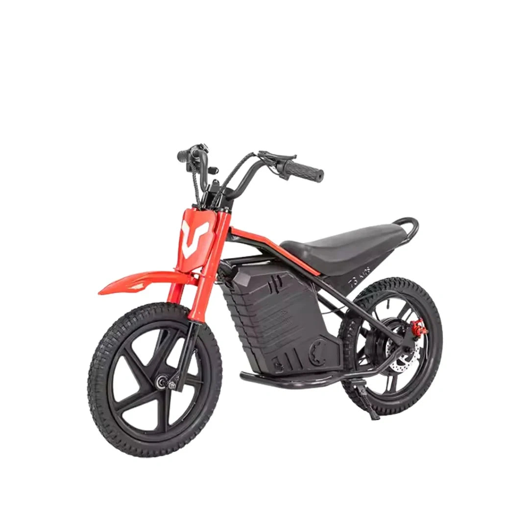 Small red and black electric bike on a white background