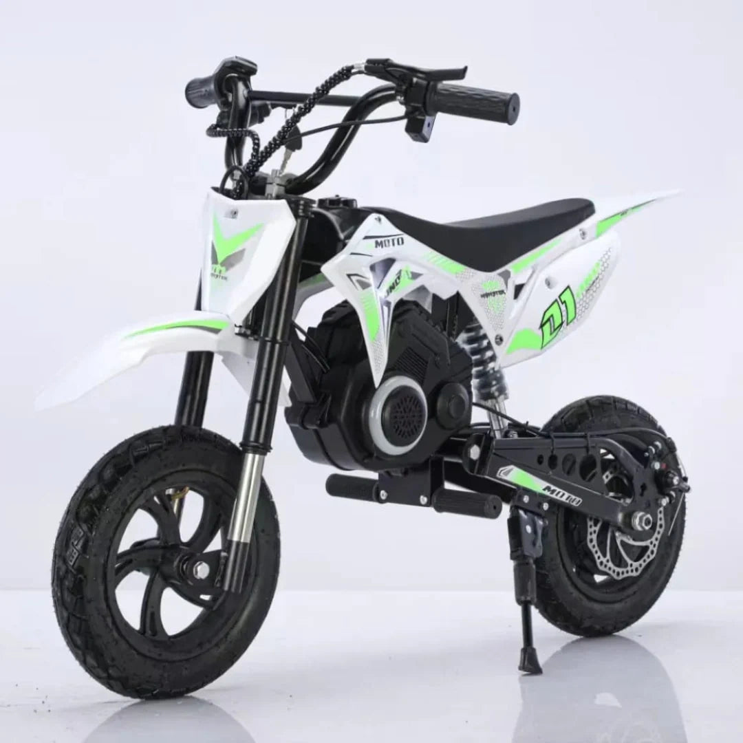 Children's electric bike with green and black design on a white background