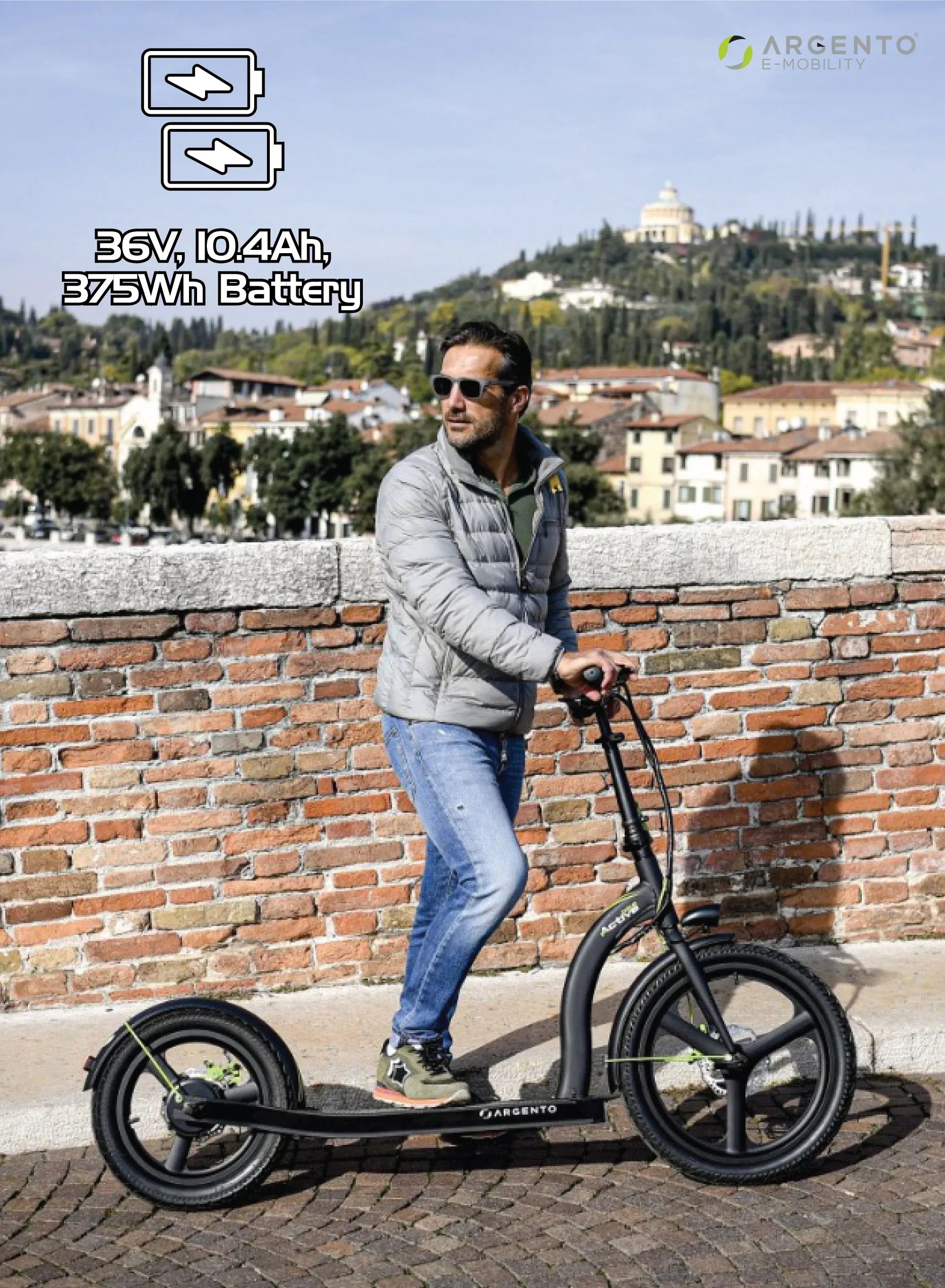 Man riding an electric scooter with Argento branding against a scenic background