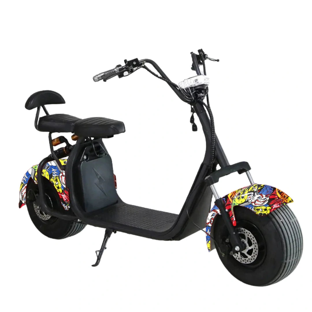 Black electric scooter with colorful wheel designs on a white background