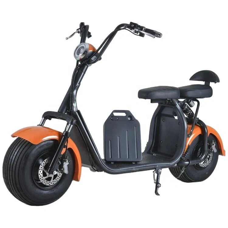 Black and orange electric scooter on a white background