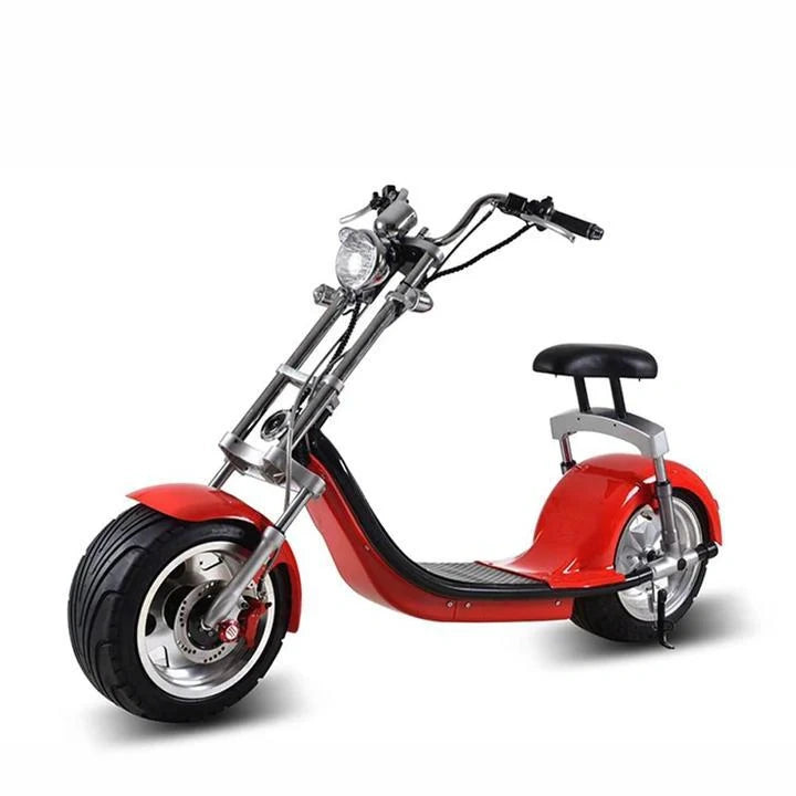 Red electric scooter with large wheels on a white background