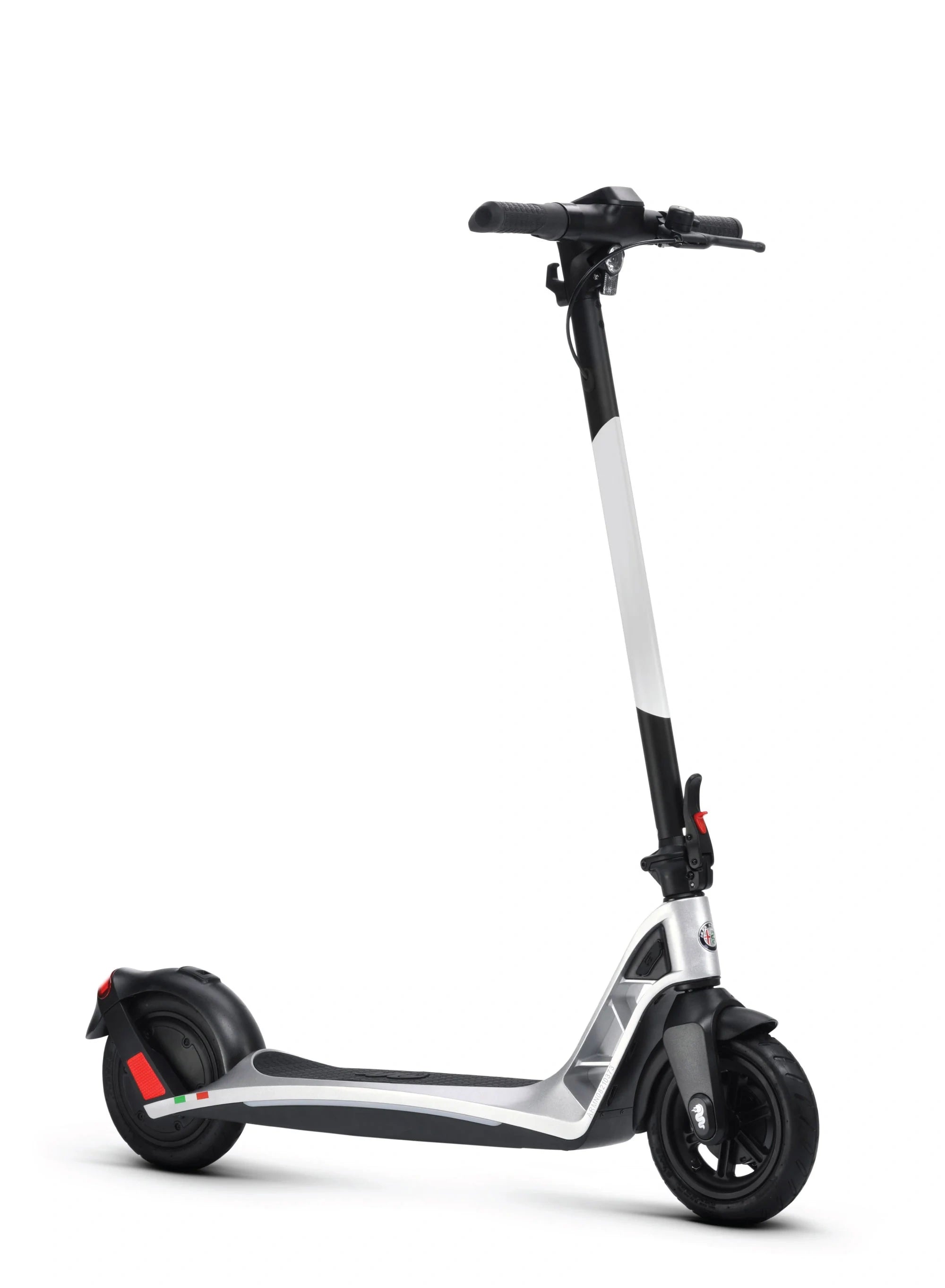 White electric scooter with black wheels on a white background