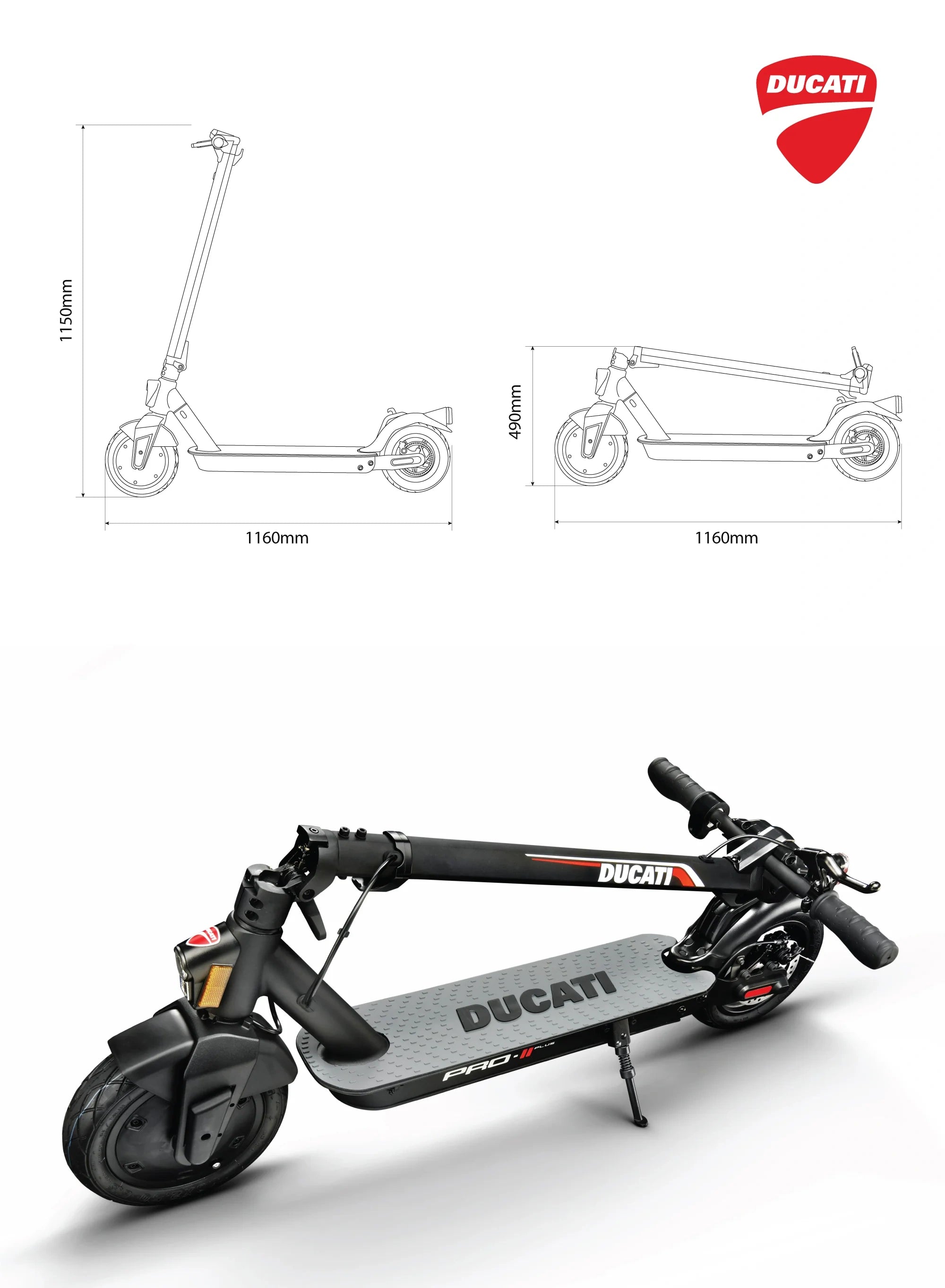Ducati electric scooter with dimensions on a white background