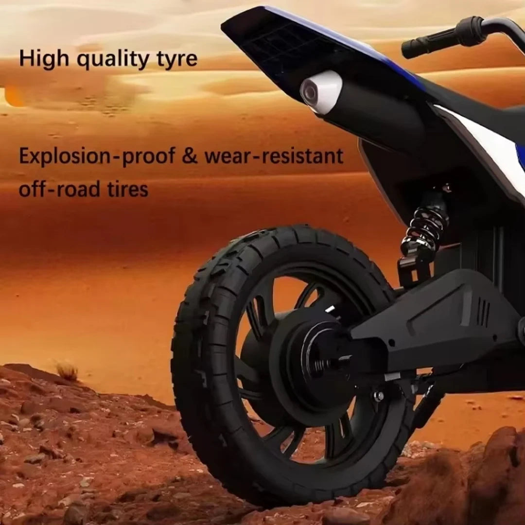 Motorcycle tire with text highlighting high quality, explosion-proof, and wear-resistant features on a desert background.