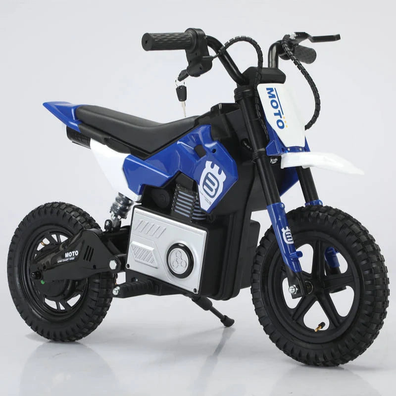 Blue and black children's electric bike on a white background