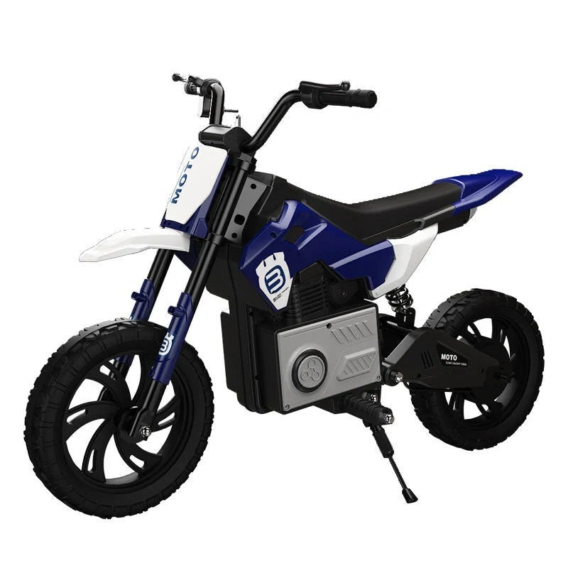 Blue and white children's dirt bike on a white background