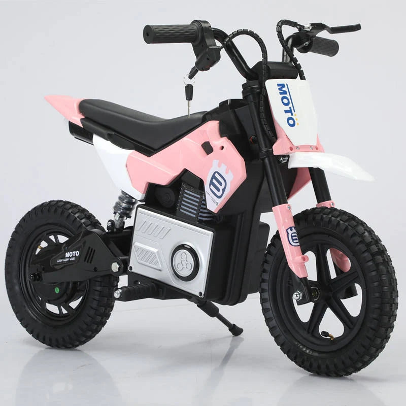 Pink and black children's electric bike with 'Moto' branding on a white background