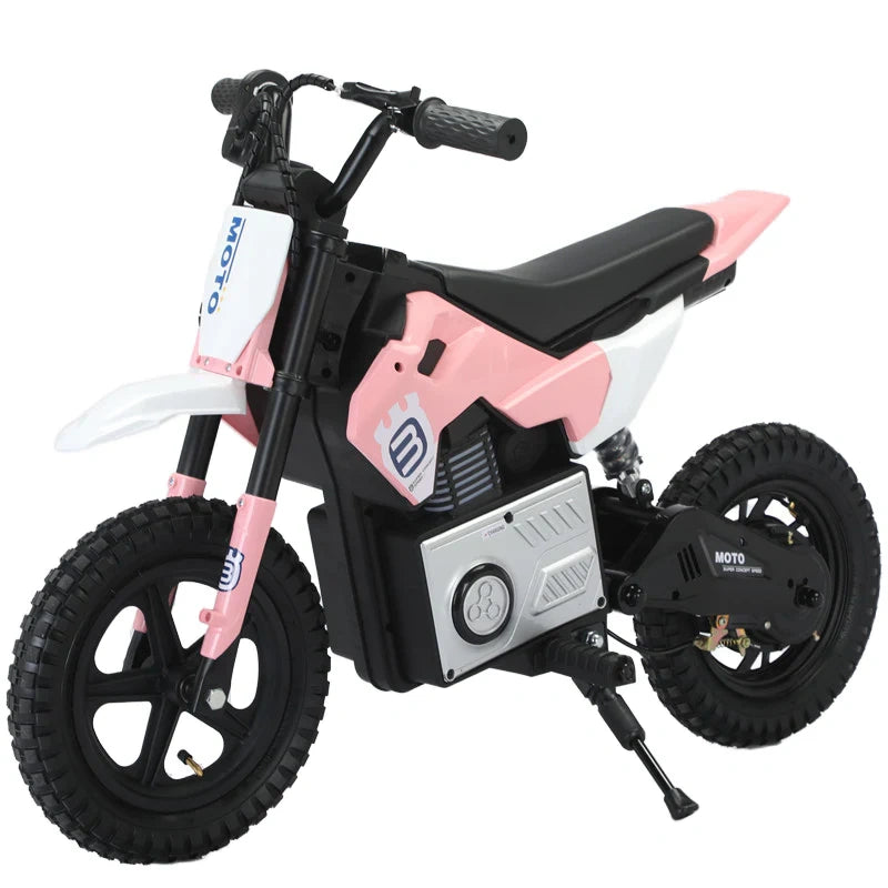 Pink and black children's dirt bike on a white background