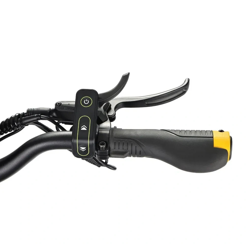 Close-up of a motorcycle handlebar with control panel on a white background