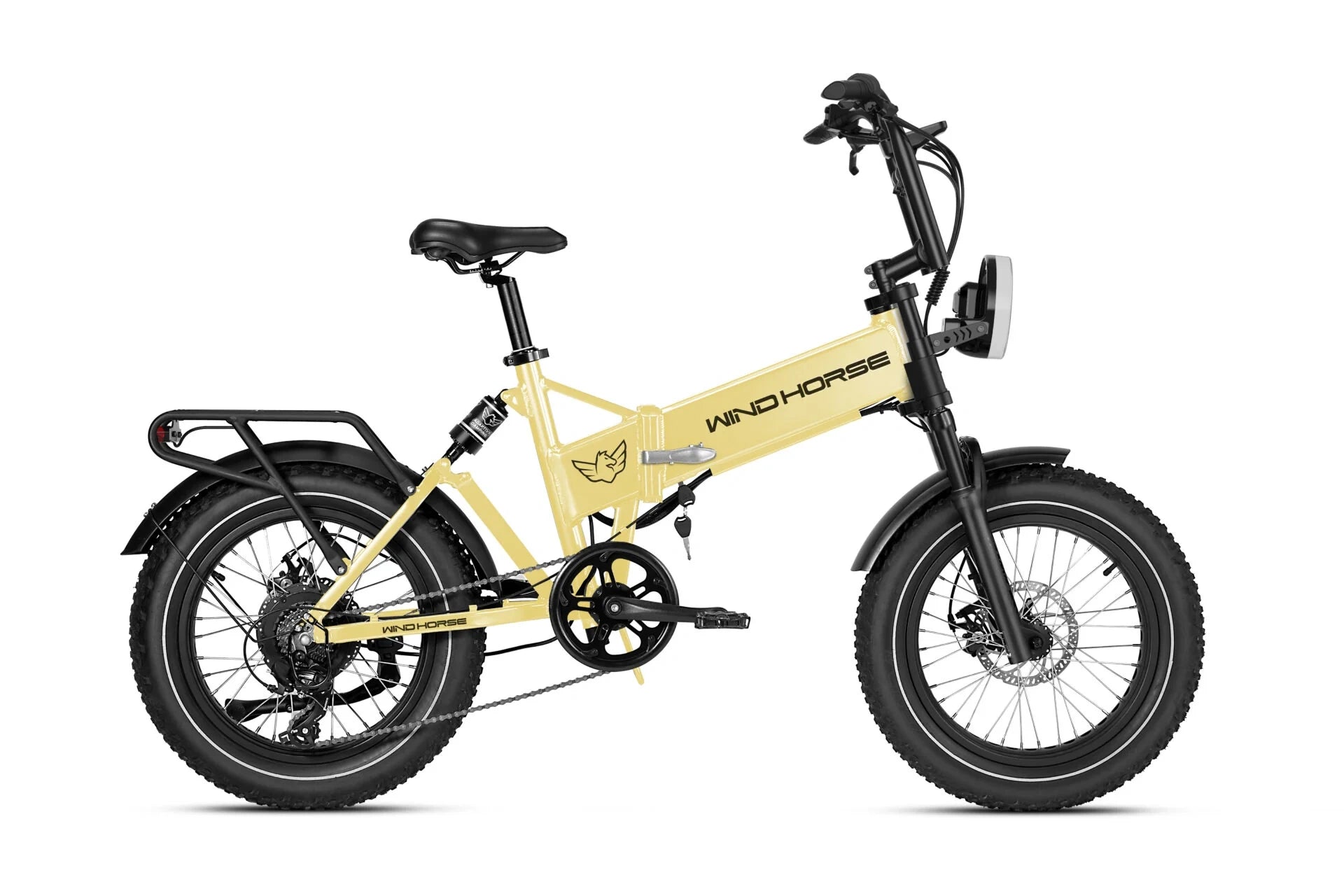 Yellow electric bike with 'Wind Horse' branding on a white background