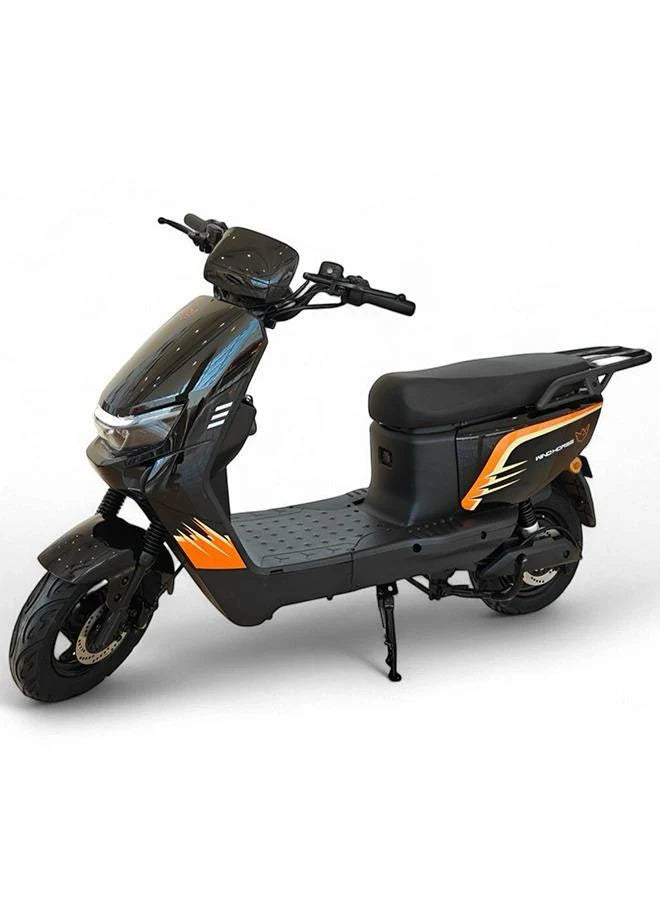 Black and orange electric scooter on a white background