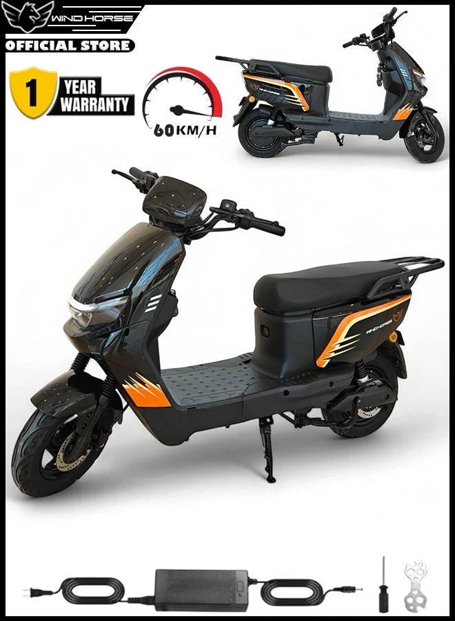 Electric scooter with orange accents, charger, and accessories on a white background