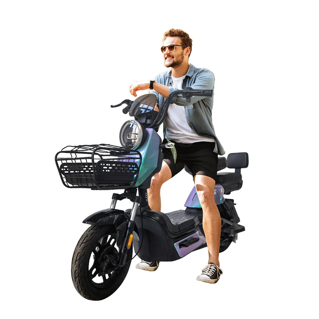 Man sitting on a black electric scooter with a basket on a white background