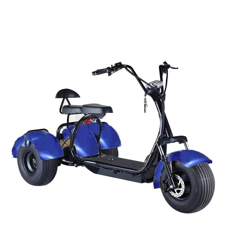 Blue and black three-wheeled scooter on a white background
