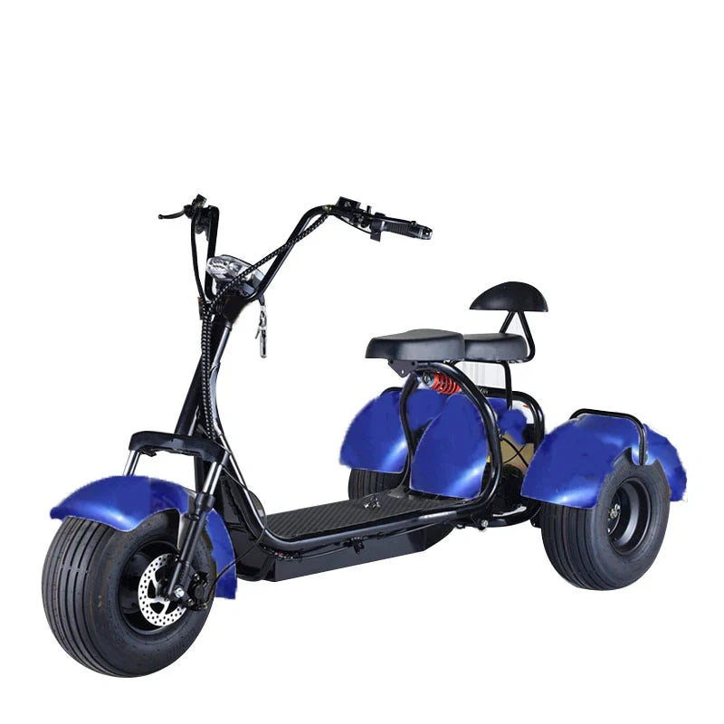 Blue and black three-wheeled electric scooter on a white background