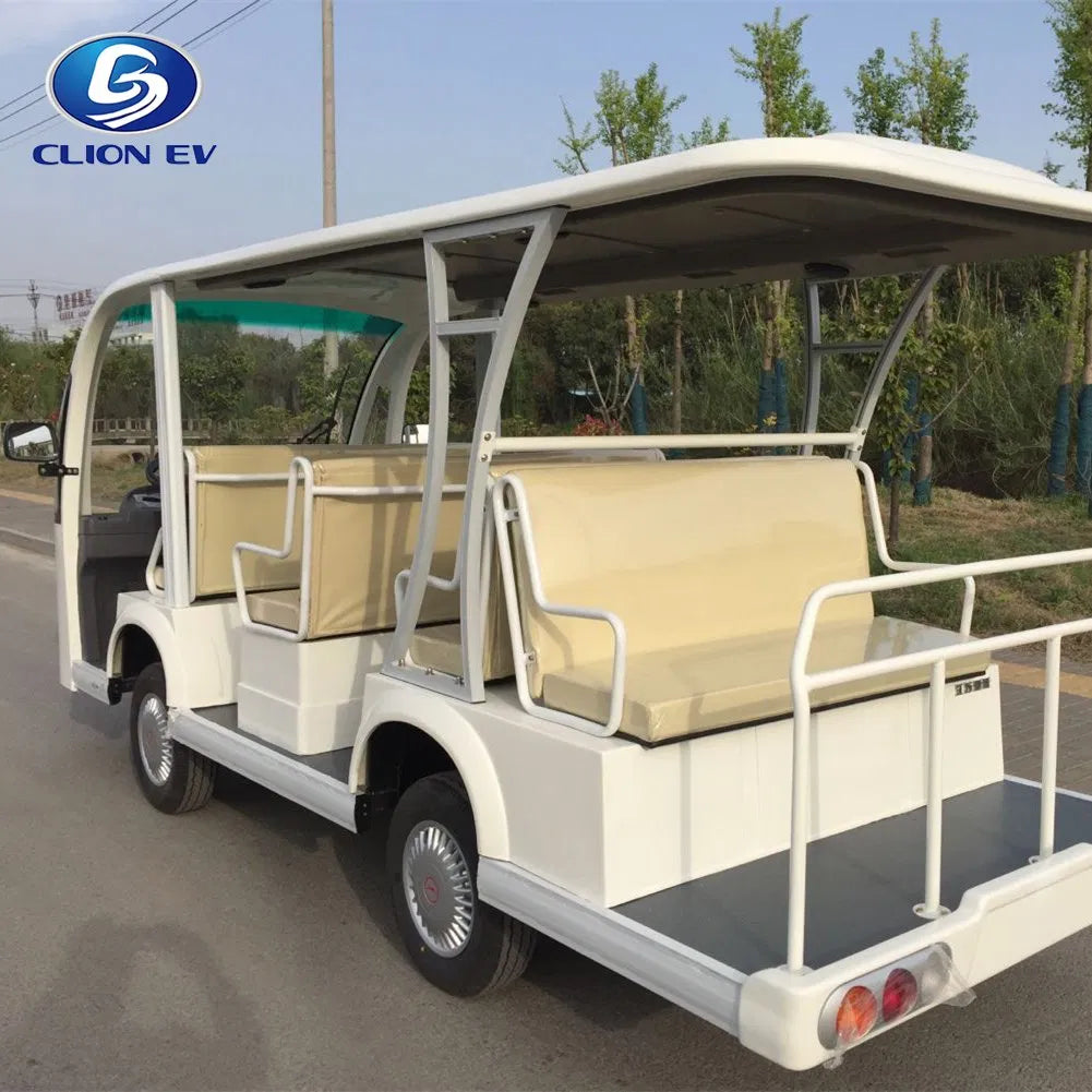 Electric vehicle with beige seats on a road, featuring the CLION EV logo.
