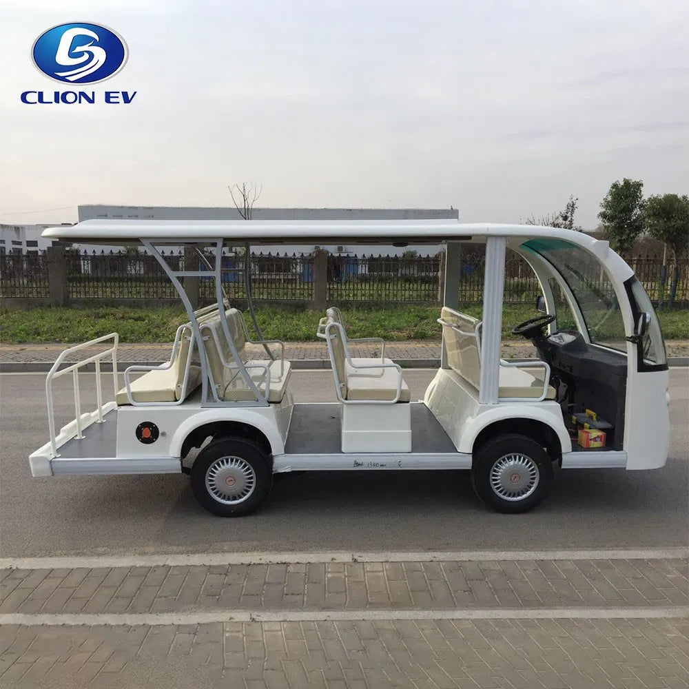 Electric sightseeing bus on a road with CLION EV logo.