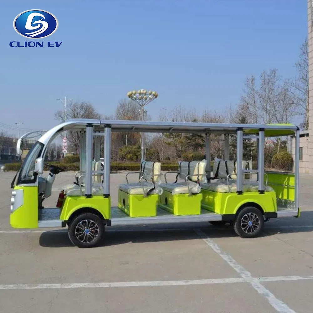 Green electric vehicle with 'CLION EV' branding on a clear day.