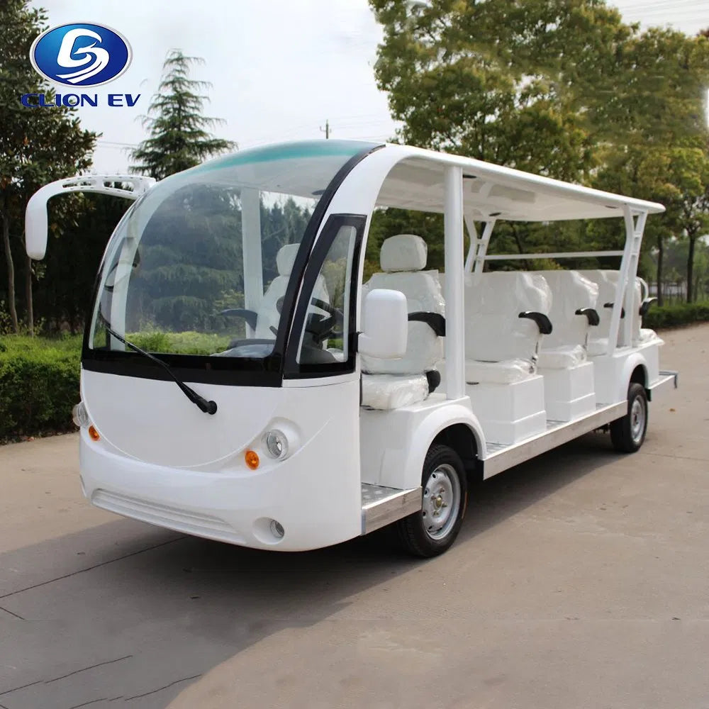 White electric vehicle with multiple seats on a paved road, featuring the Lyion EV logo.