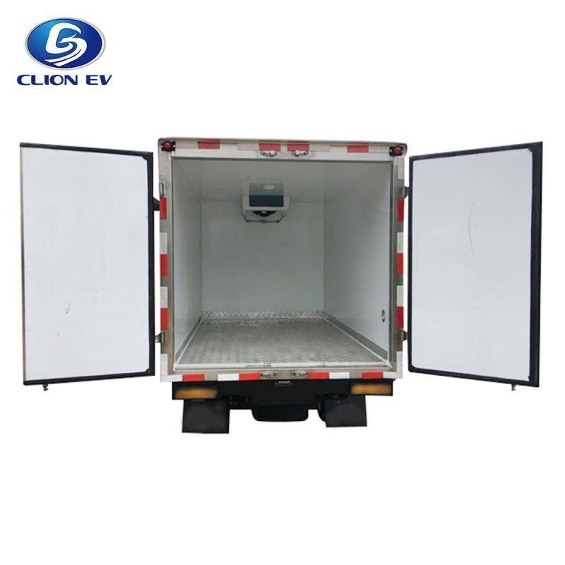 ocean cartz rear view studio shot of a white electric refrigerated truck with the double cargo doors fully open, set against a white background. The image clearly shows the empty, insulated cargo box interior with the refrigeration unit mounted near the roof, highlighting the large, temperature-controlled storage space for cold chain delivery and commercial use.