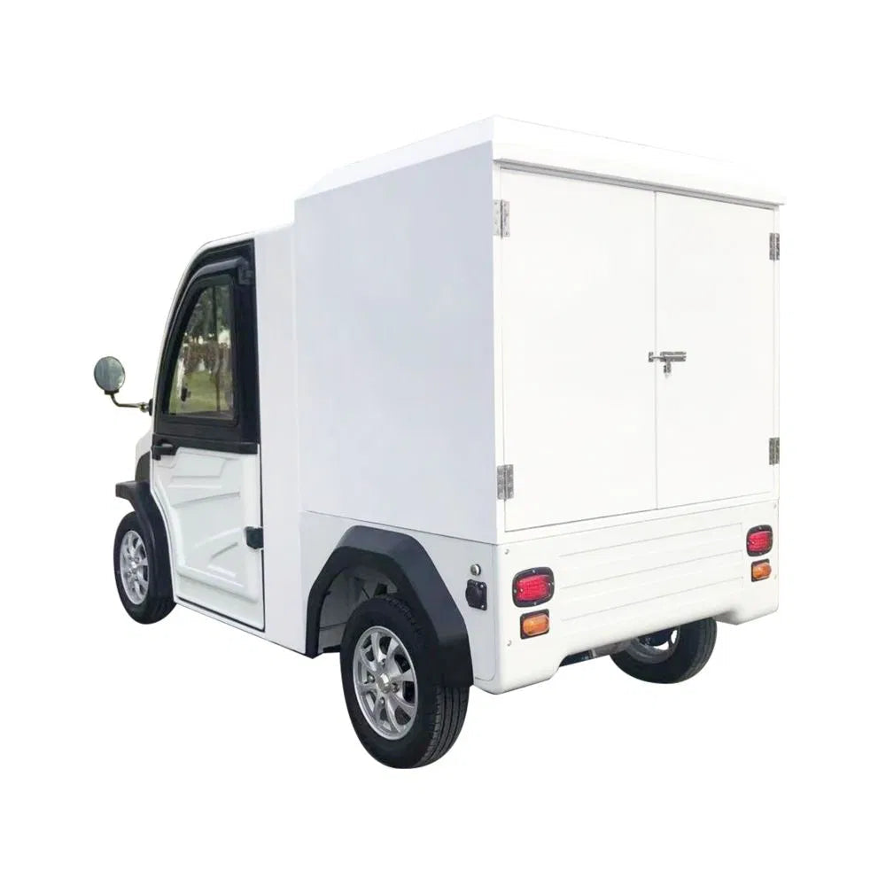 ocean cartz rear three-quarter studio shot of a white enclosed electric delivery vehicle with a large rear cargo box, set against a pure white background. This two-seater commercial NEV or electric utility truck features a securely locked rear door, black fender flares, and small, multispoke silver alloy wheels. The vehicle is designed for secure last-mile delivery and efficient urban logistics.