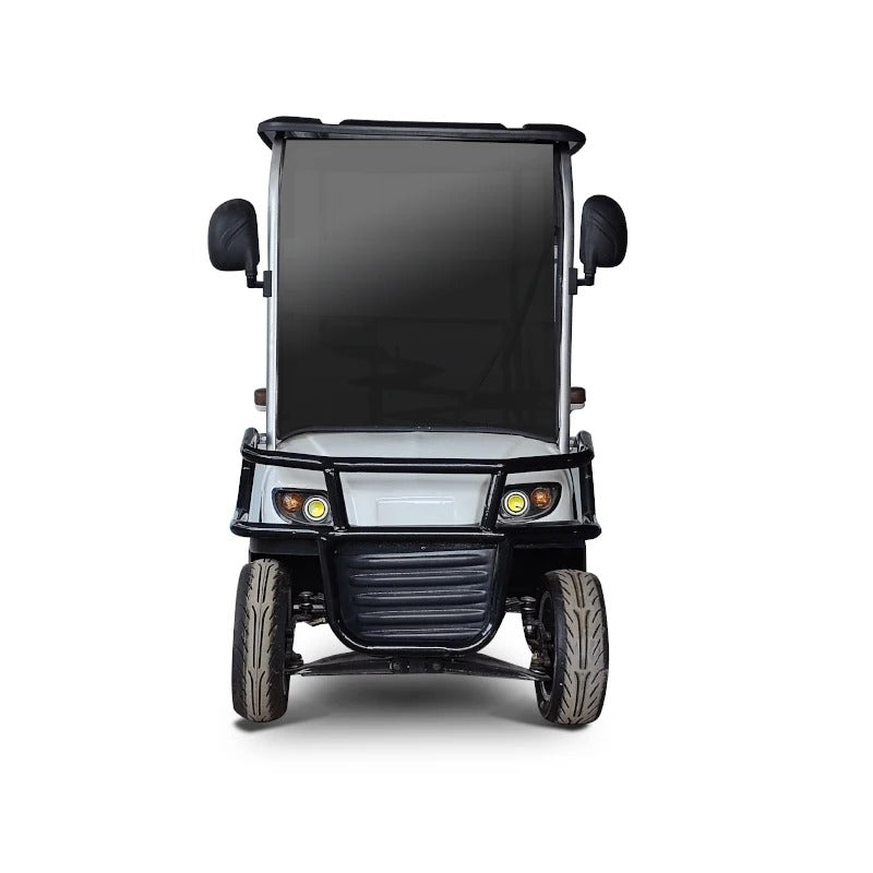 ocean cartz head-on studio shot of a white utility electric vehicle with a flatbed, set against a pure white background. This two-seater work cart features a tall, dark windshield, a robust black front brush guard, a black grille, and two round yellow headlights. The image clearly displays the front vacuum tires and the sturdy stance of the electric work cart.