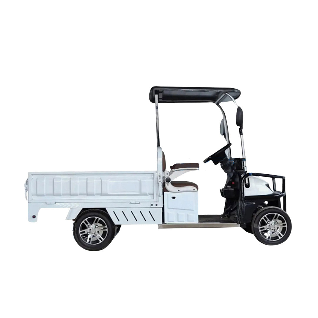 ocean cartz full side profile studio shot of a white utility electric vehicle with a long, flat rear cargo bed and a black roof, set against a pure white background. This two-seater electric work cart features a black trim around the cab and a brown and white seat. The electric utility truck has custom silver alloy wheels and is designed for efficient commercial hauling and logistics.