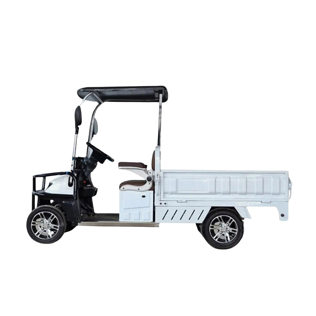 ocean cartz full side profile studio shot of a white utility electric vehicle with a long, flat rear cargo bed and a black roof, set against a pure white background. This two-seater electric work cart features a black trim around the cab and a brown and white seat. The electric utility truck has custom silver alloy wheels and is designed for efficient commercial hauling and logistics.