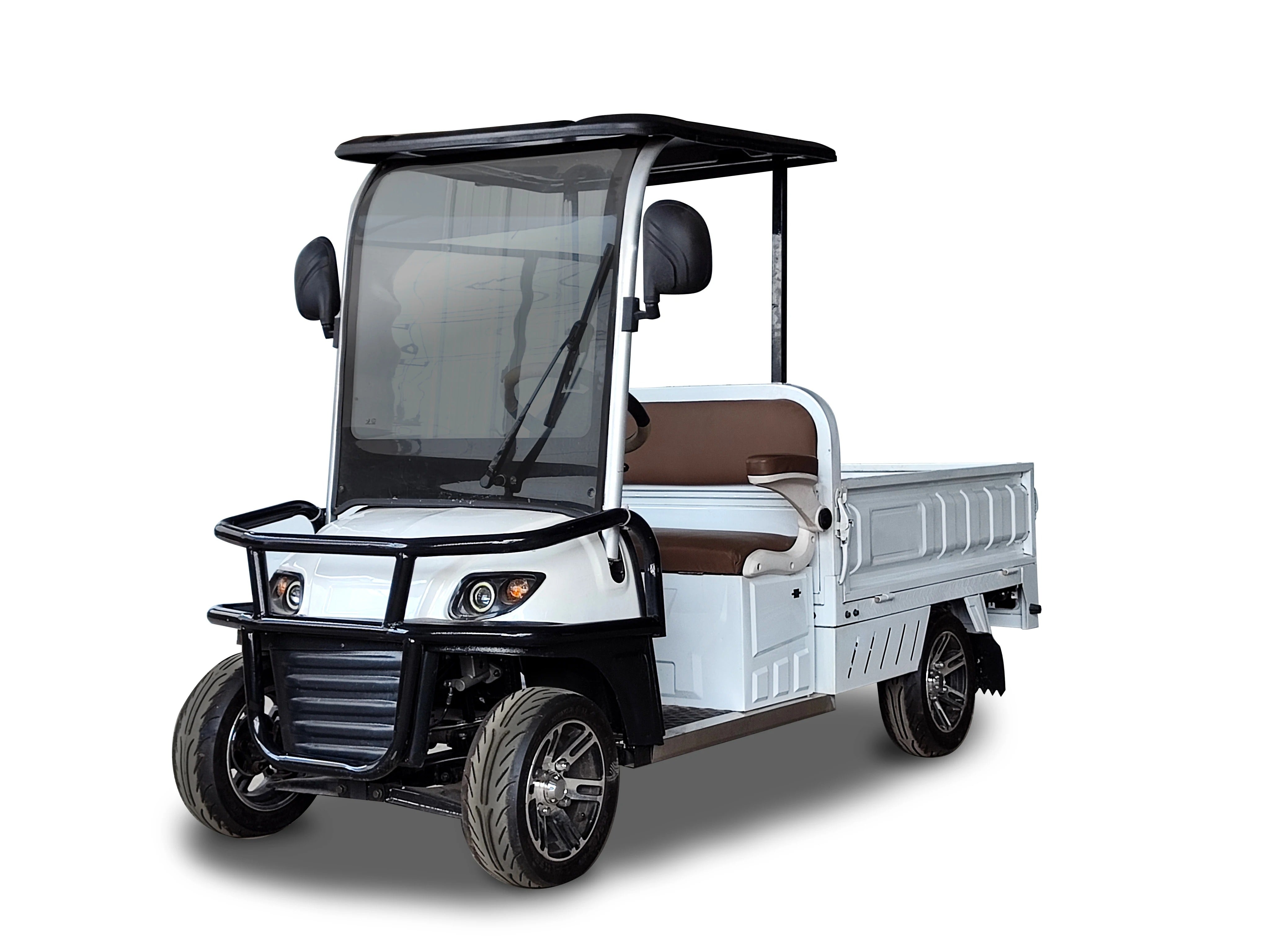 ocean cartz three-quarter front studio shot of a white utility electric vehicle with a short flatbed, set against a pure white background. This two-seater electric work cart features a black roof, a tall windshield with a wiper, a robust black front brush guard, and brown and white seats. The electric utility truck is equipped with small, custom alloy wheels and is designed for efficient hauling and logistics.