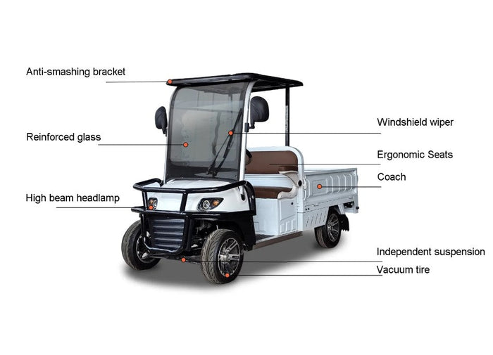 ocean cartz diagram of a white two-seater utility electric vehicle with a flatbed, showing labeled key product features on a white background. Labels point to the anti-smashing bracket, reinforced glass windshield, windshield wiper, high beam headlamp, ergonomic seats, independent suspension, and vacuum tires, highlighting the robust design of the electric work cart.