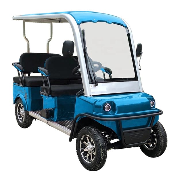 Blue golf cart with a white roof on a white background