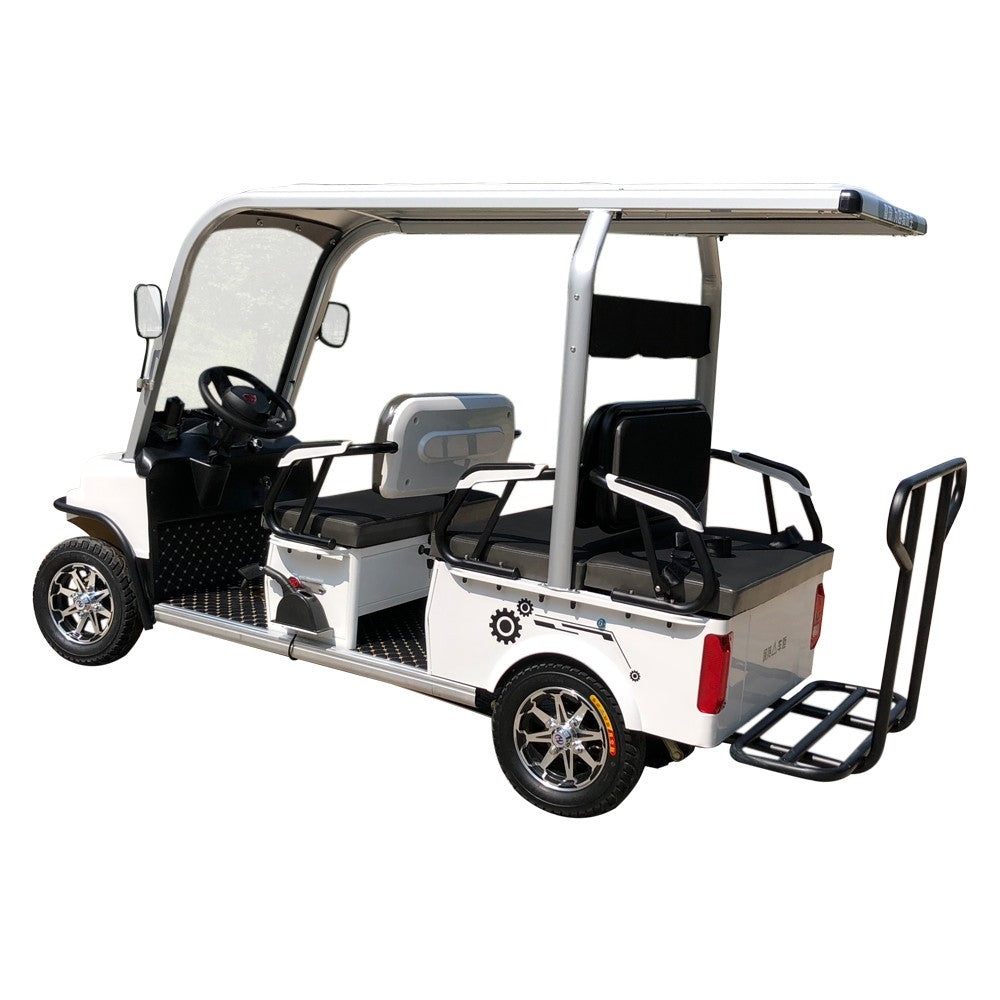 White golf cart with black seats on a white background