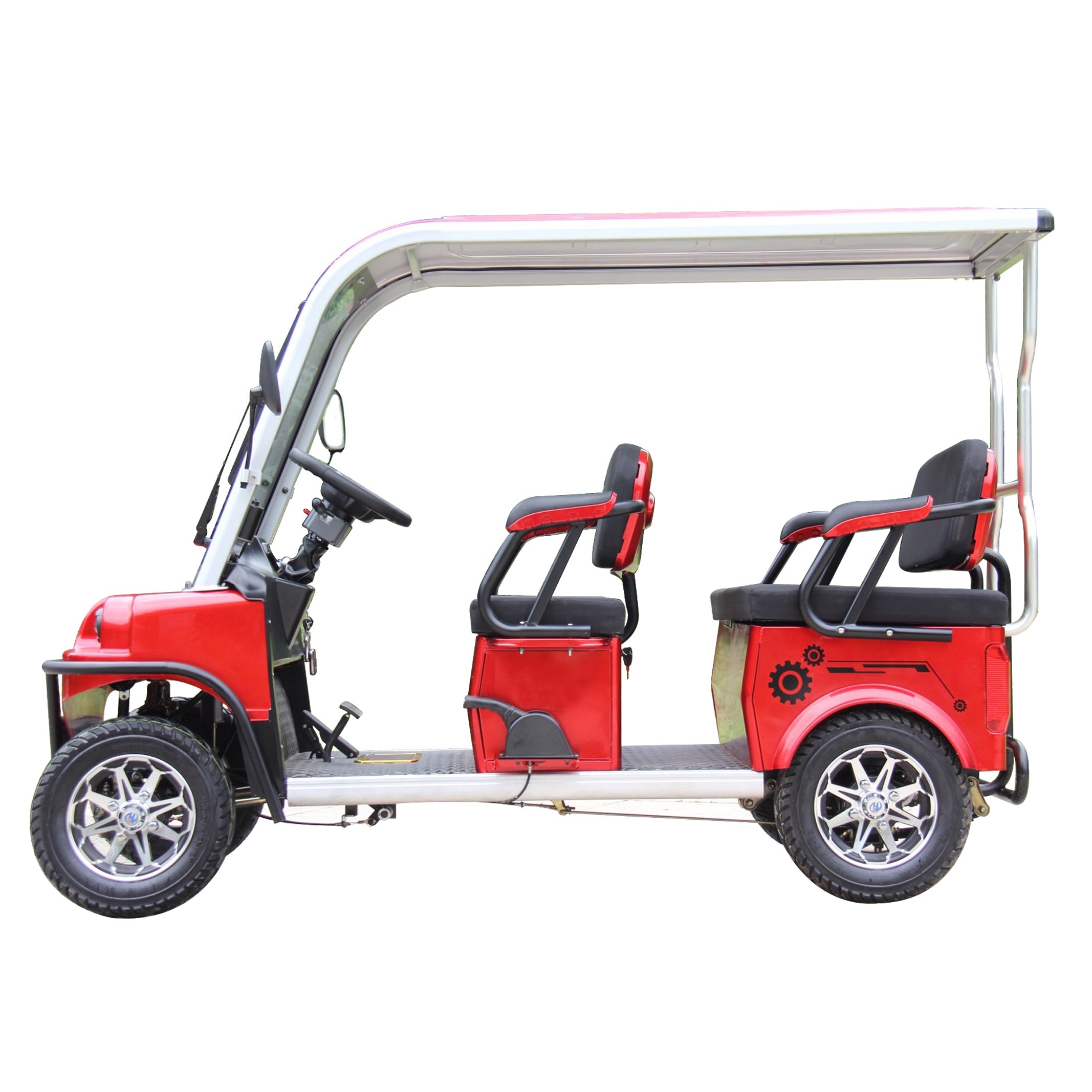 Red electric vehicle with two seats on a white background