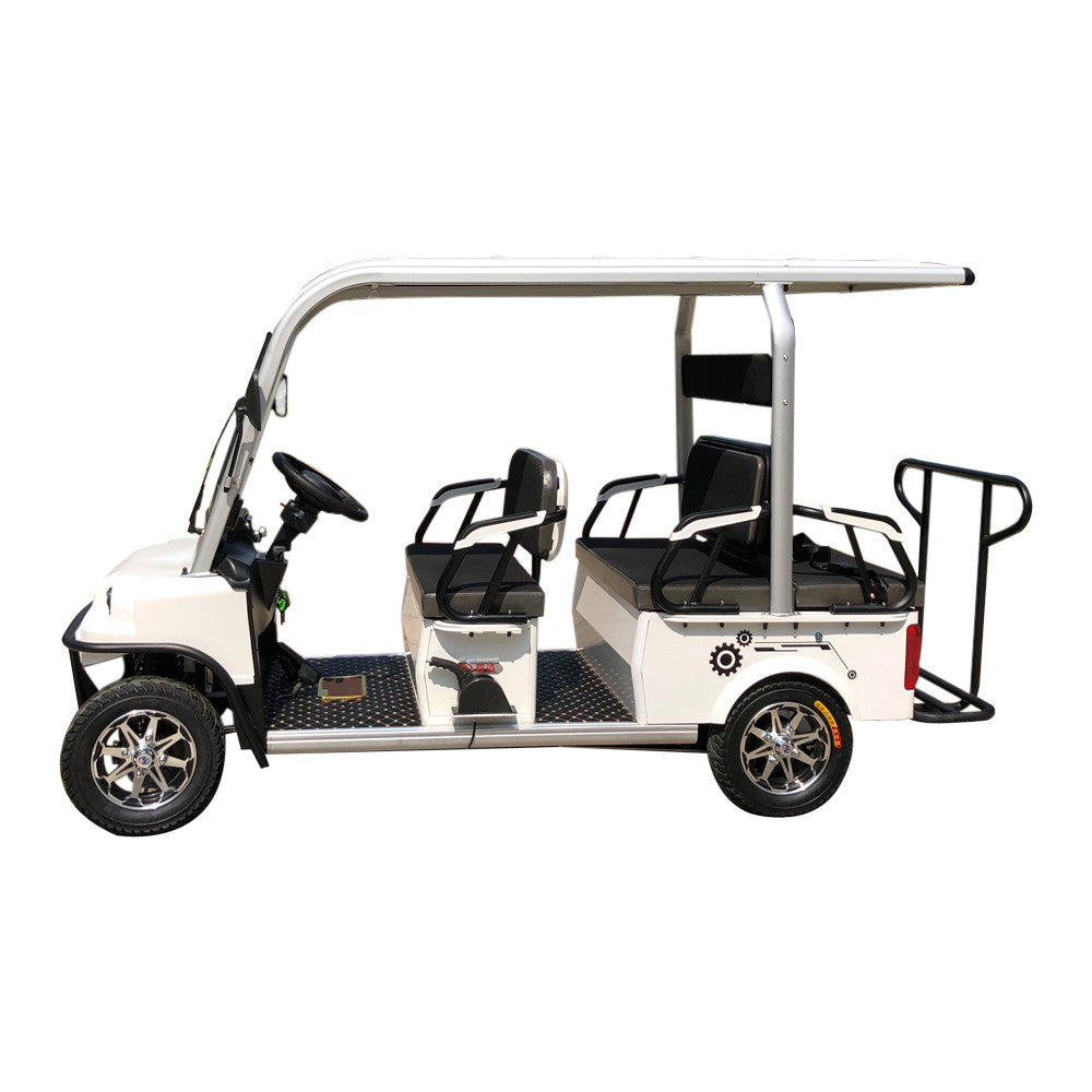 White golf cart with four seats on a white background