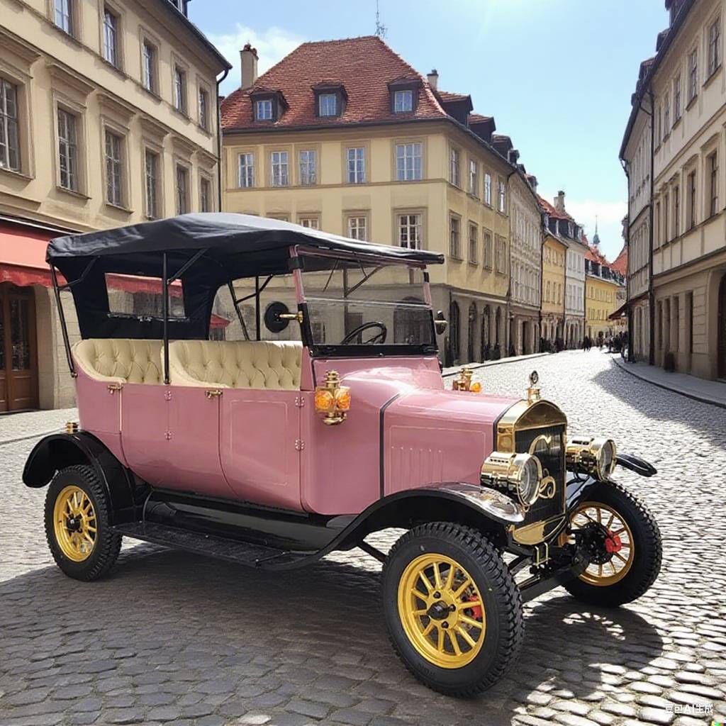 Vintage pink car with yellow wheels on a cobblestone street in a European city.