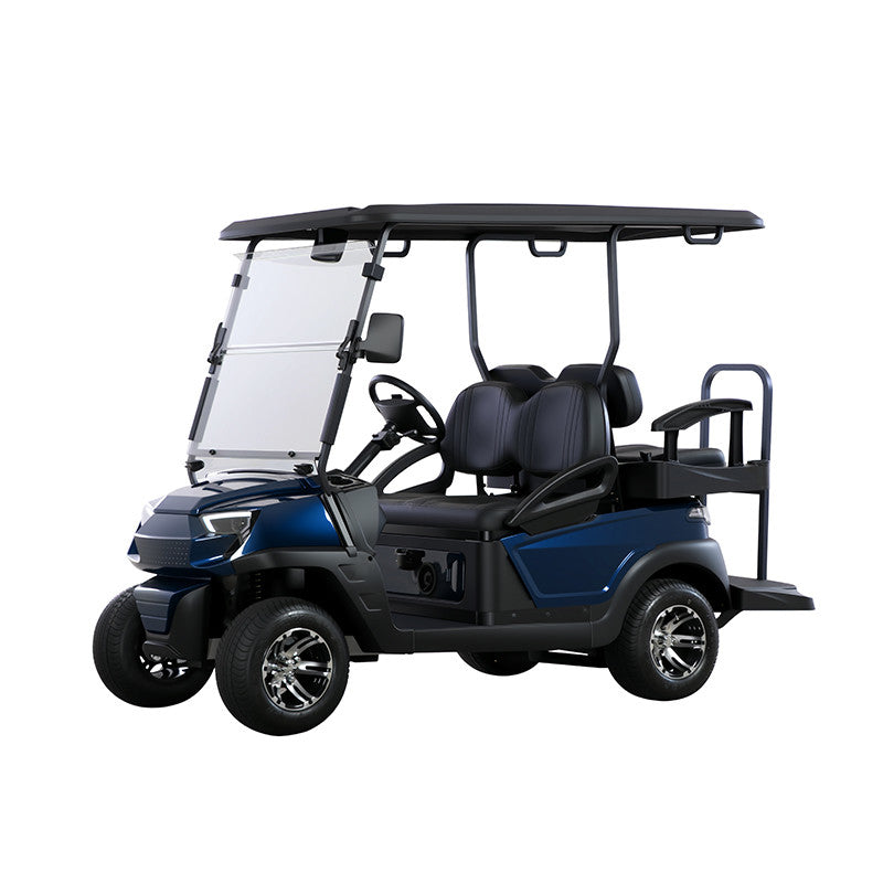 ocean cartz three-quarter front studio shot of a deep blue four-seater golf cart with a black roof, set against a pure white background. This electric vehicle features black seats, a full windshield, and a rear flip seat that converts to a cargo platform. The lifted golf cart is equipped with all-terrain tires and custom chrome alloy wheels, highlighting its stylish and functional design.