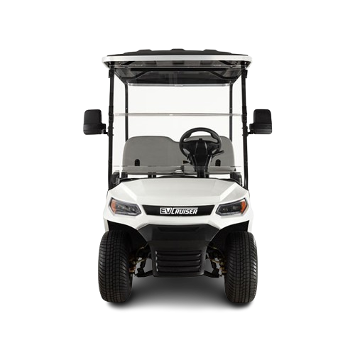 White electric golf cart with transparent canopy on a white background
