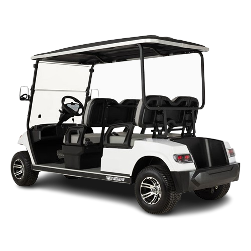 White golf cart with black accents on a white background