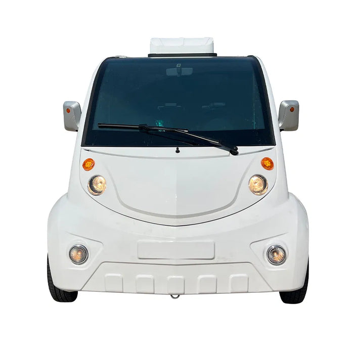 White electric vehicle with a unique design on a white background