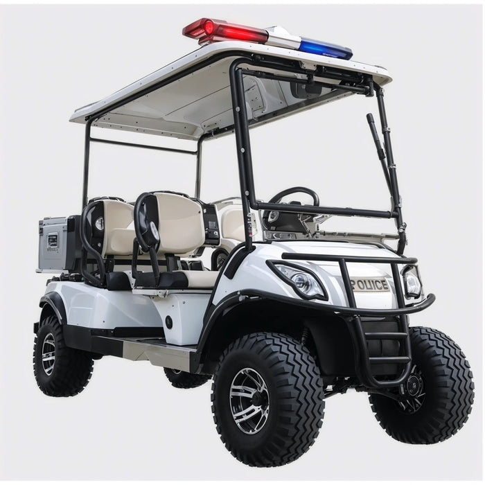 White police golf cart with red, blue, and white lights on a light gray background