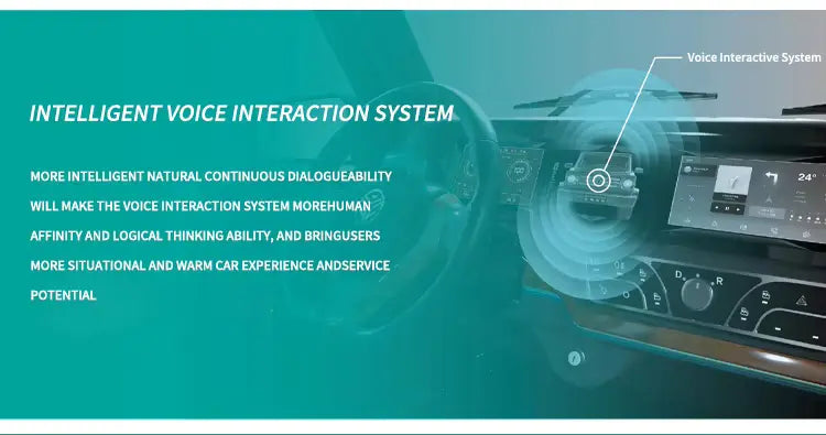 Car interior with voice interactive system display and text about intelligent voice interaction.