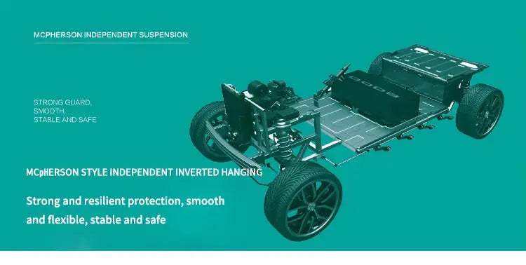 Car chassis with McPherson independent suspension on a teal background