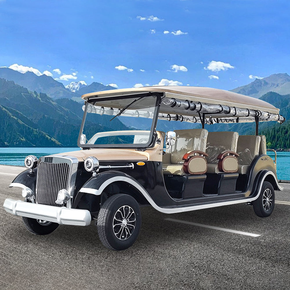 Vintage-style electric car with a scenic mountain backdrop