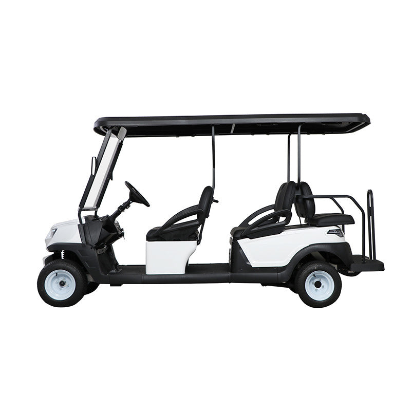 White golf cart with black roof on a white background