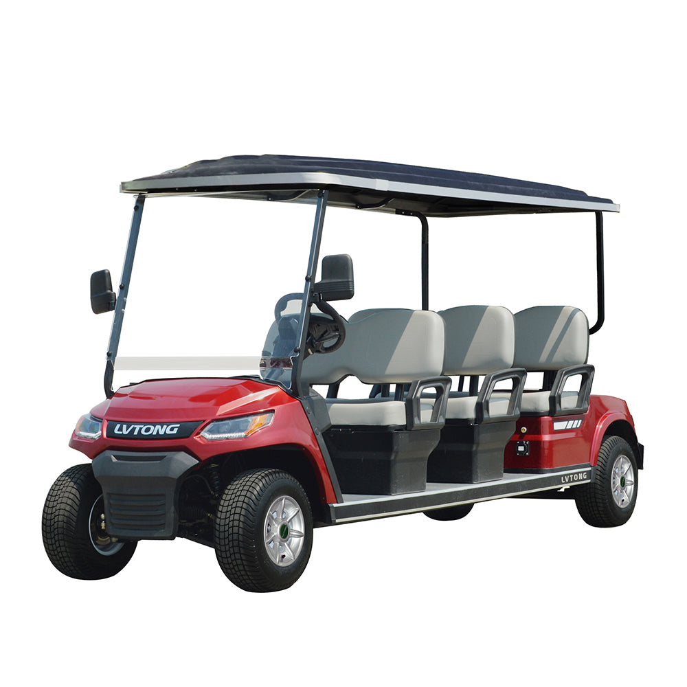Red golf cart with gray seats on a white background