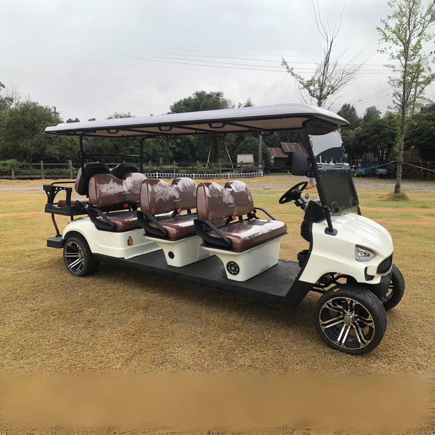 White golf cart with brown seats on a grassy area
