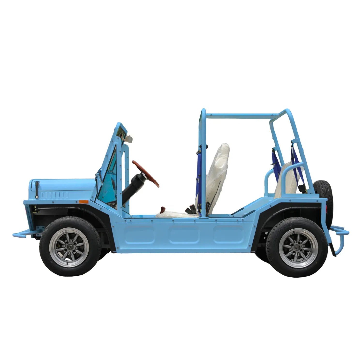 Blue and black go-kart with a steering wheel on a white background